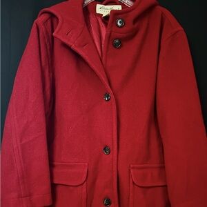Eddie Bauer Wool Blend Long Coat Red Women’s Medium Petite Hooded Lined Vintage